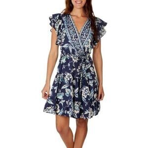 ANGIE NEW $110 Blue Ruffle Cap Sleeve Floral Fit‎ & Flare Mini Dress Medium